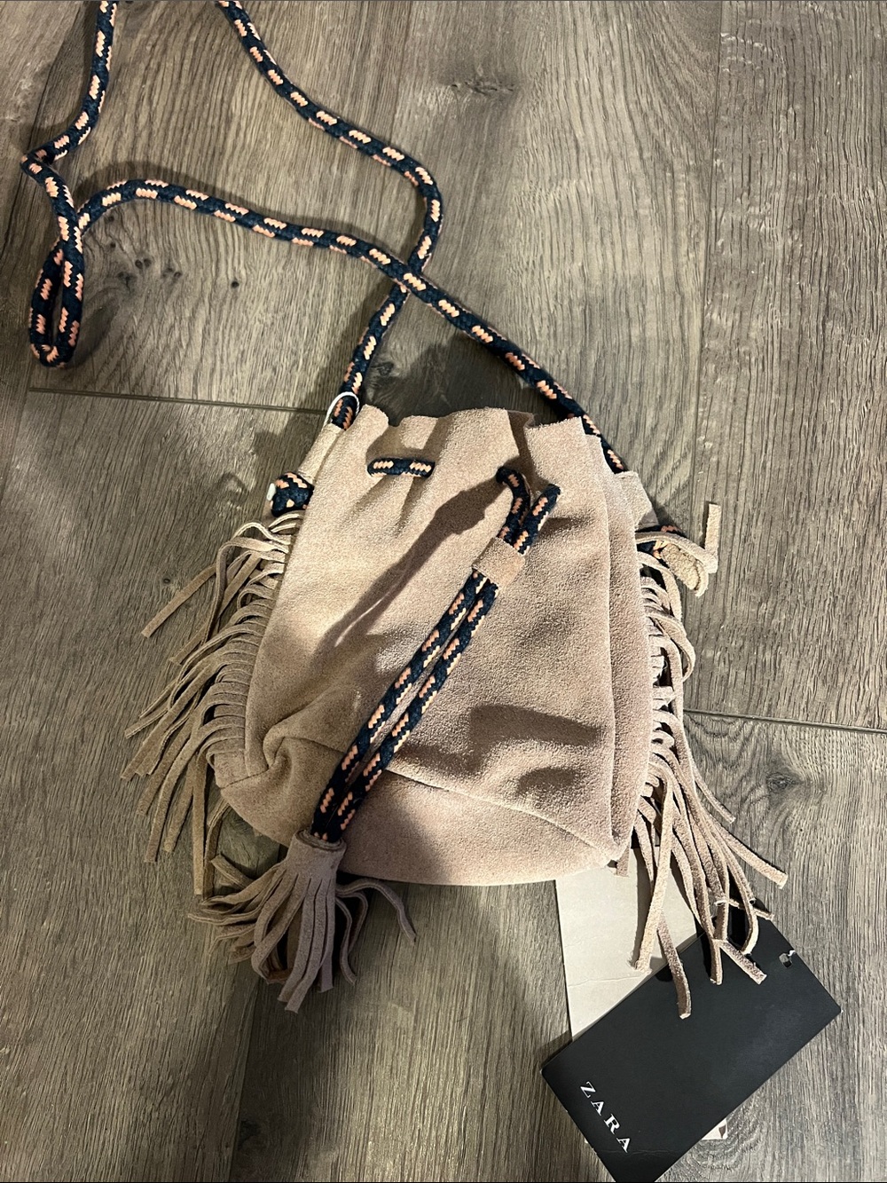 Nwt ZARA girls Tan Suede Fringe Drawstring Crossbody with Navy-coral Rope Strap